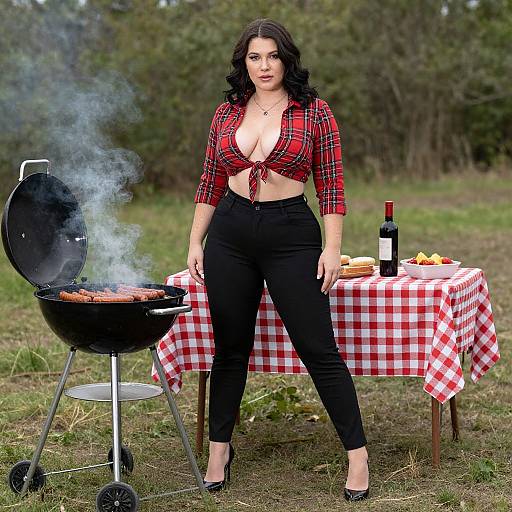 Woman Grilling Outdoors in Red Plaid Shirt with Picnic Table Setup