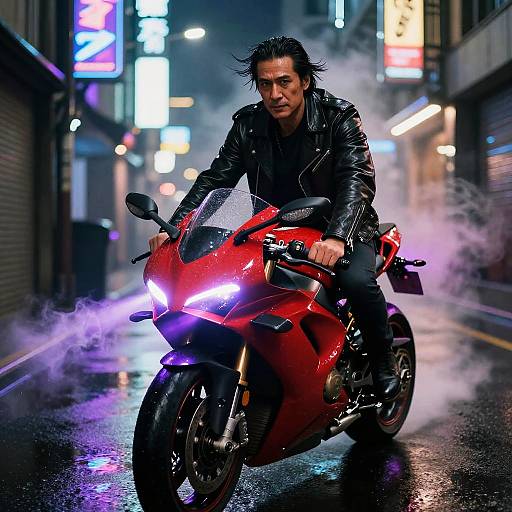 Man on Red Motorcycle in Neon-Lit Urban Alley Night