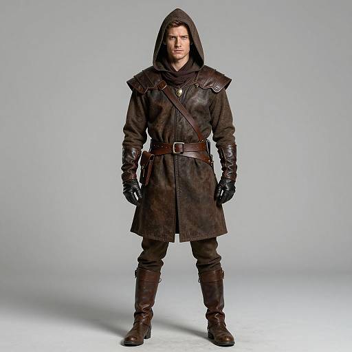 Medieval Fantasy Man in Hooded Leather Armor Outfit