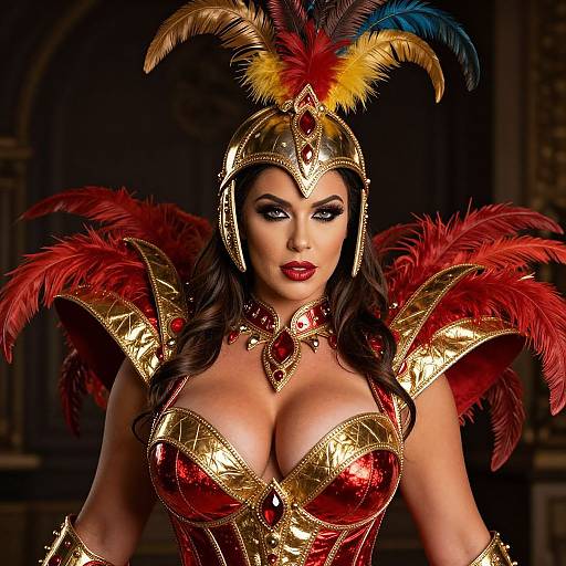 Woman in Fantasy Warrior Costume with Gold and Red Armor and Feathers