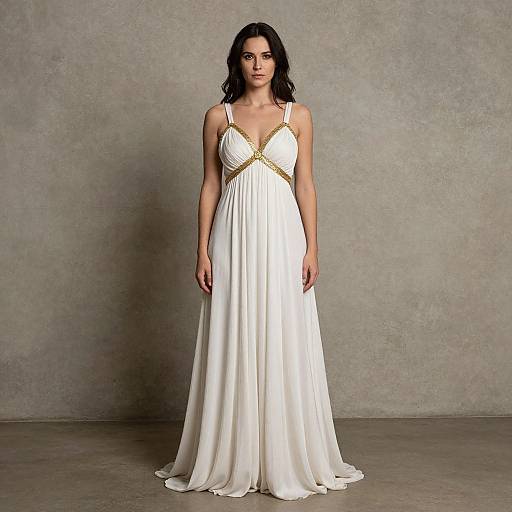 Elegant Woman in White Grecian-Style Dress with Gold Detailing