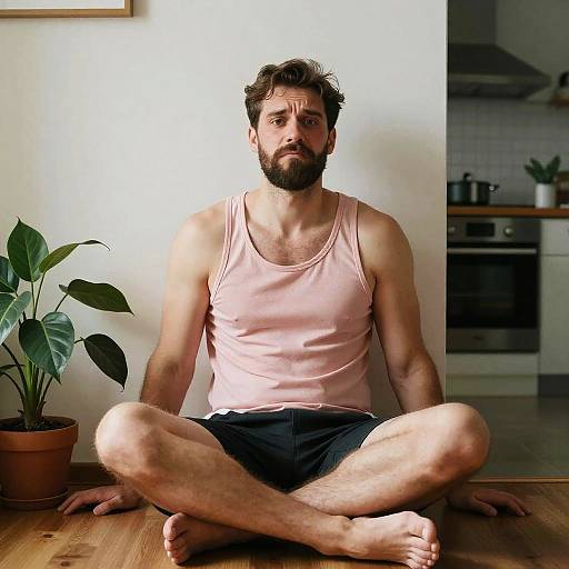 Contemplative Man Sitting Cross-Legged Indoors in Casual Tank Top