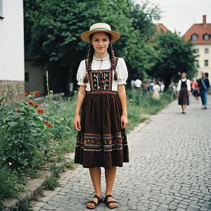 Young Woman in Traditional Moravian Folk Costume with Twin Braids and Straw Hat