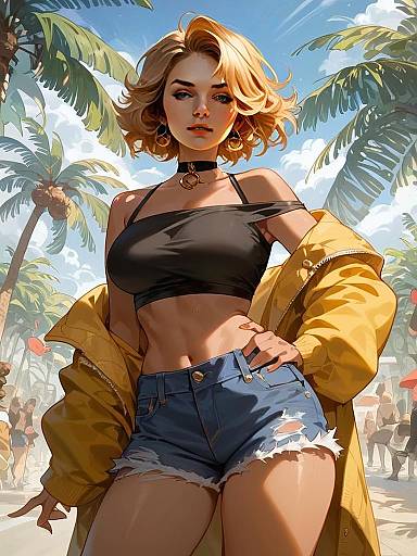 Confident Blonde Woman in Crop Top and Denim Shorts Tropical Digital Art