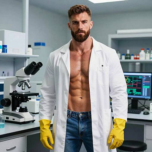 Muscular Man in Lab Coat with Yellow Gloves in Modern Laboratory