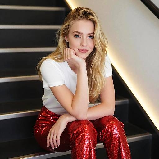 Young Woman in Red Sequin Pants Sitting on Modern Staircase