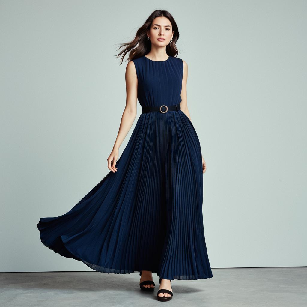 Elegant Navy Blue Pleated Maxi Dress for Women with Sleeveless Design