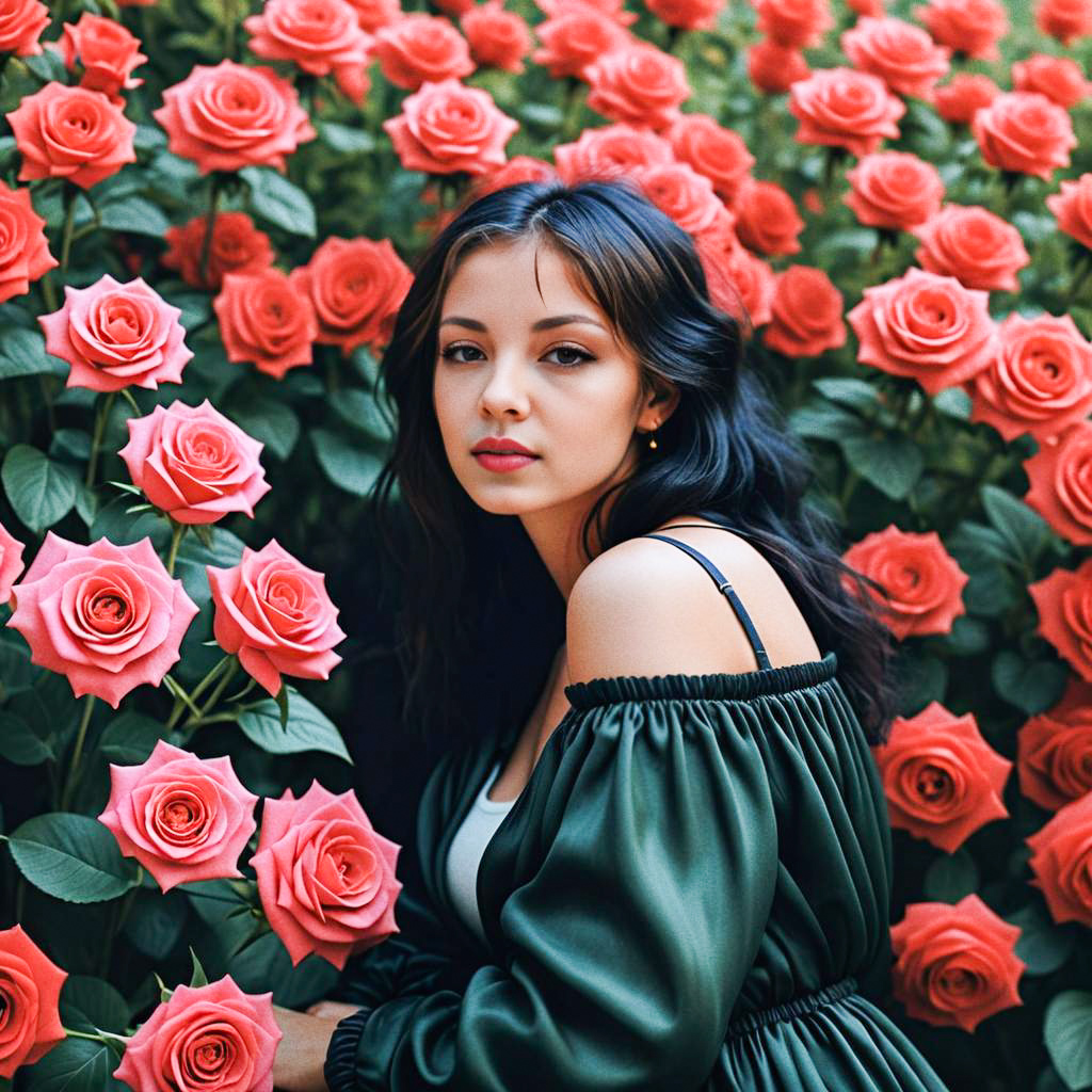 Elegant Woman in Pink Rose Field