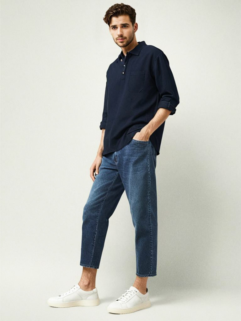 Stylish man in navy shirt and denim trousers