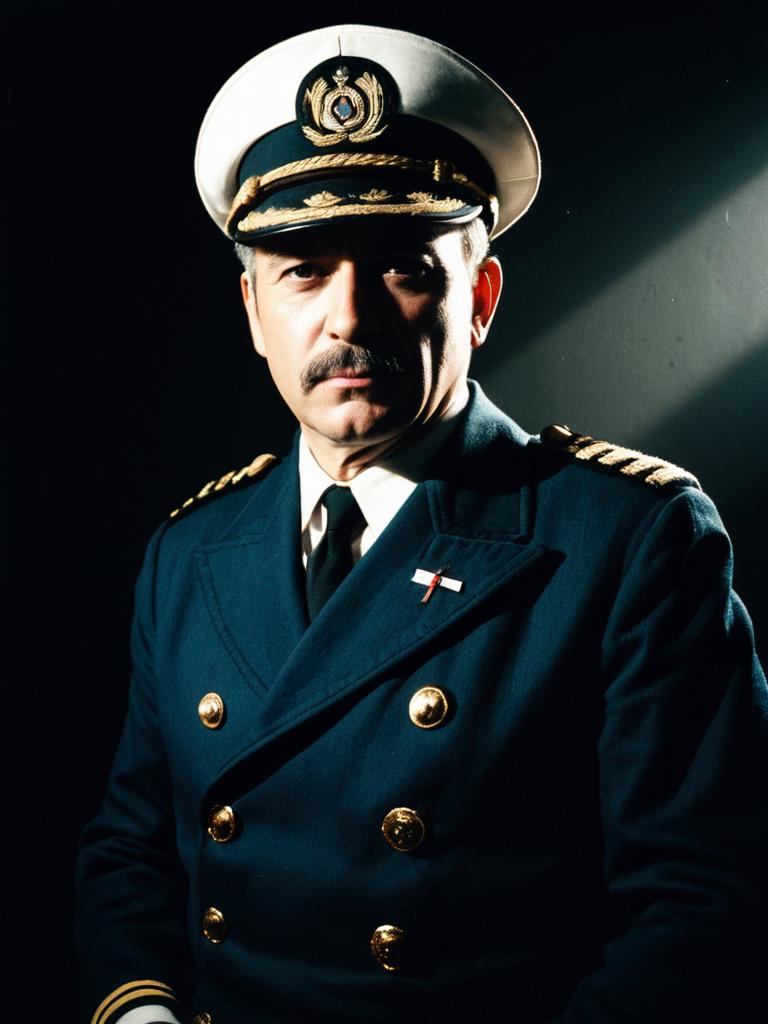 Photorealistic Studio Portrait of Man in Ship Captain Outfit with Dramatic Lighting