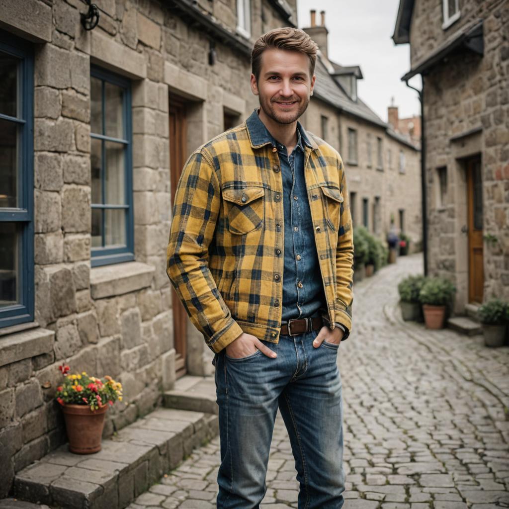 Stylish Man in Yellow Plaid Jacket on Cobblestone Street