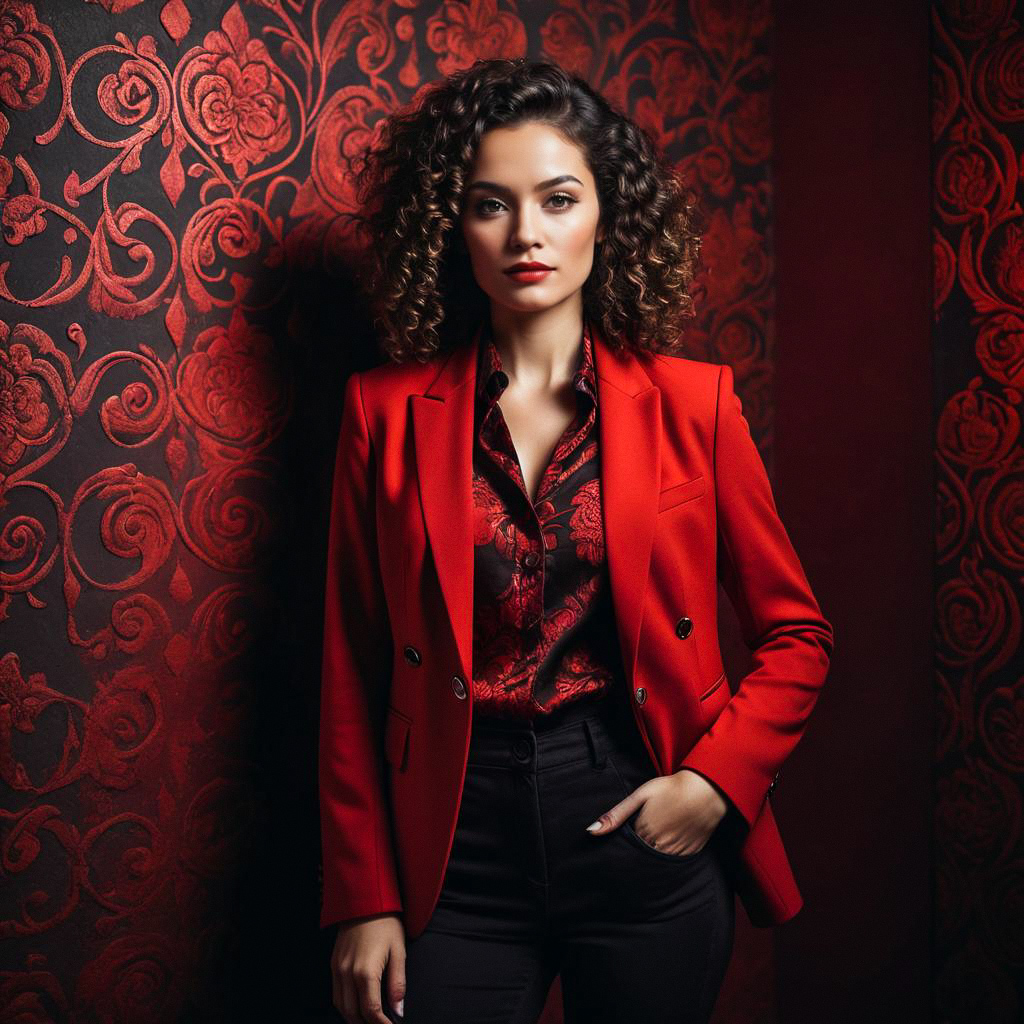 Stylish Woman in Red Blazer Against Floral Wallpaper