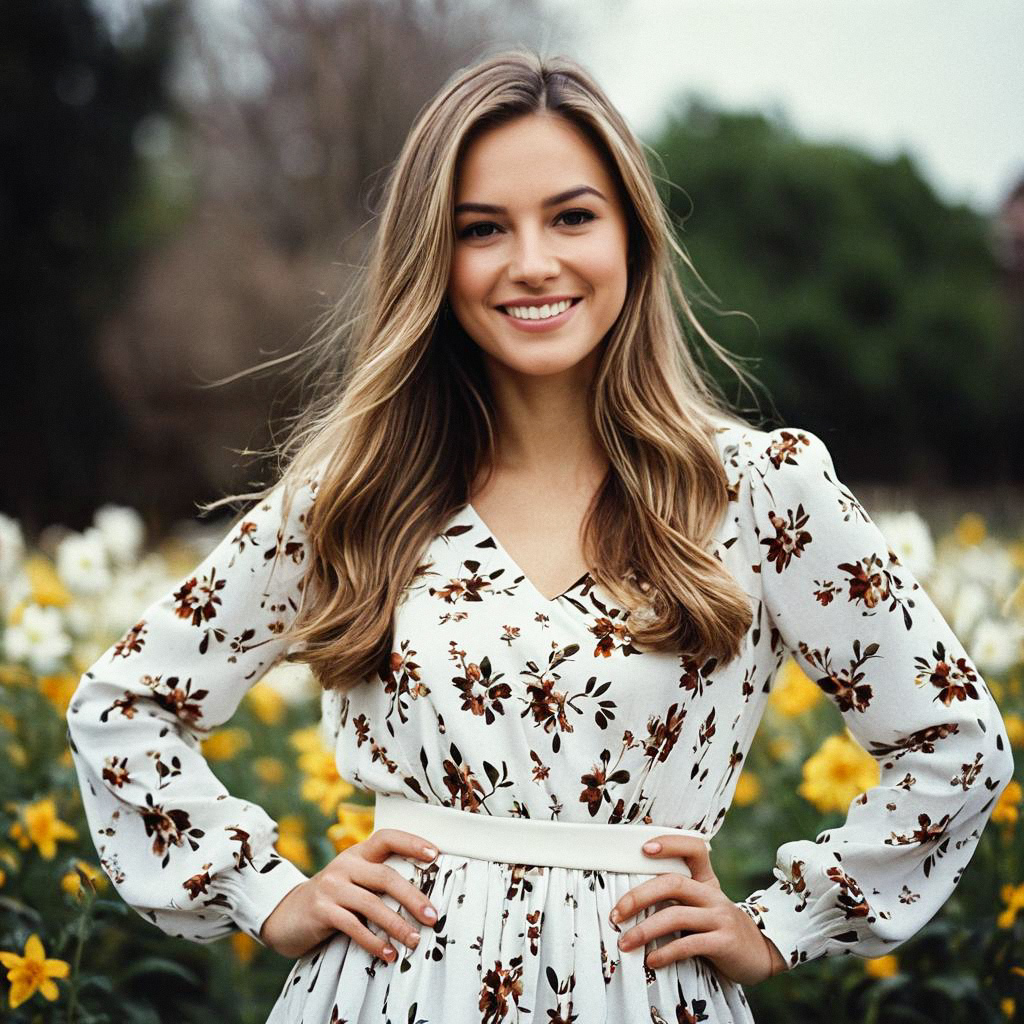 Cheerful Woman in Floral Dress in Flower Field