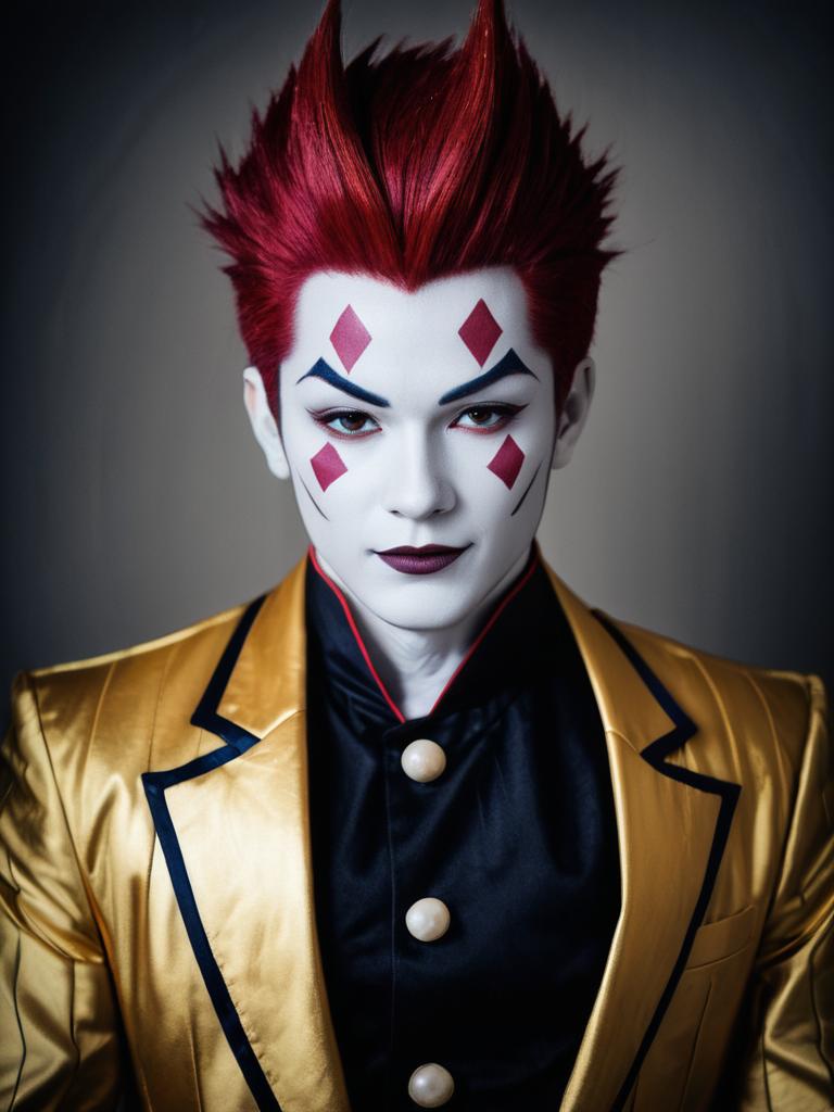 Man Cosplaying as Hisoka Morow with Red Hair and Gold Jacket