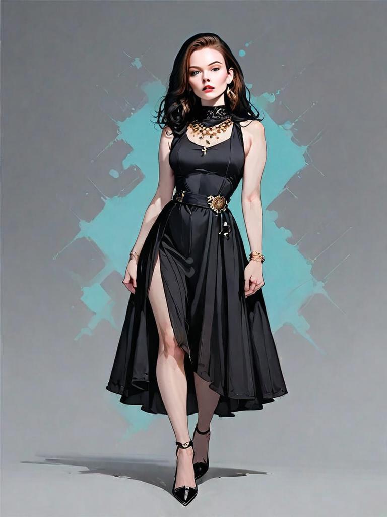 Chic Woman in Elegant Black Dress Realistic Comic Style Illustration Full Body