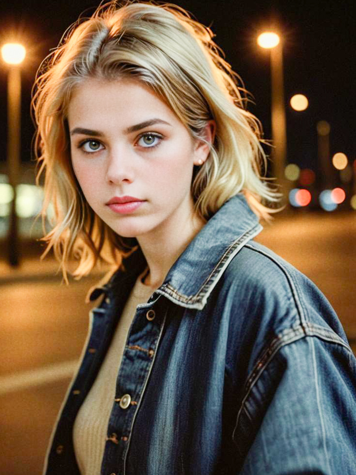 Confident Woman in Denim Jacket Against City Night Lights