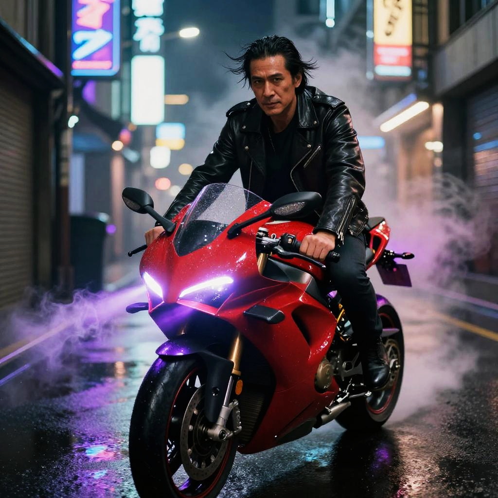 Man on Red Motorcycle in Neon-Lit Urban Alley Night