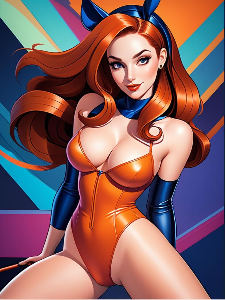 Digital Pin-Up Art of Red-Haired Woman in Orange Bodysuit