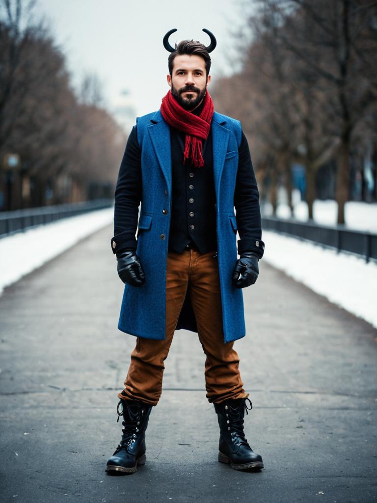 Stylish Winter Man Wearing Blue Overcoat with Devil Horns in City