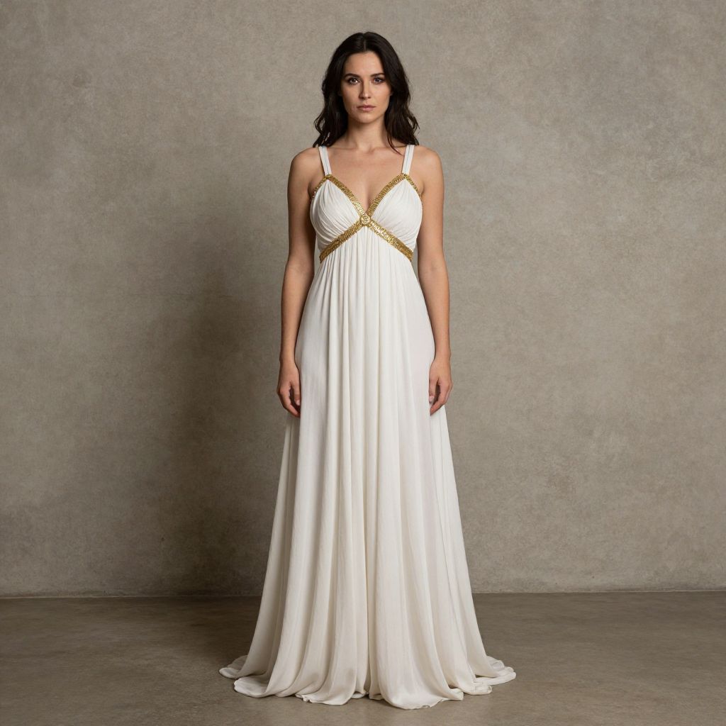 Elegant Woman in White Grecian-Style Dress with Gold Detailing