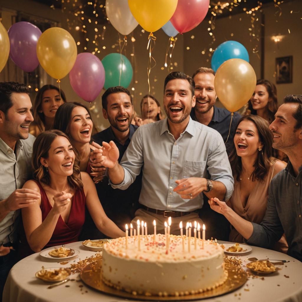 Man Celebrating 40th Birthday with Friends and Cake