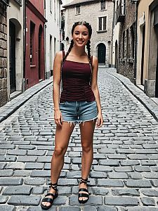 Young Woman Standing on Cobblestone Street in European Town Wearing Casual Summer Outfit