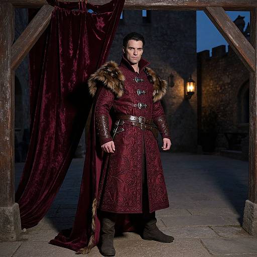 Medieval Man in Ornate Burgundy Costume with Fur in Stone Courtyard