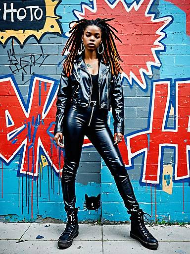 Confident Woman in Black Leather Outfit Posing Against Colorful Graffiti Wall