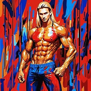 Stylized Digital Illustration of Muscular Man with Blonde Hair