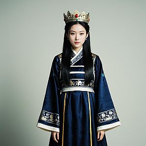 Elegant Korean Woman in Traditional Blue Hanbok and Royal Crown