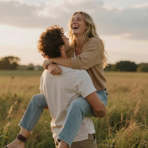 Joyful Couple Embracing in Sunny Field with Golden Hour Light