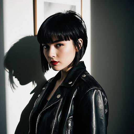 Edgy Woman in Black Leather Jacket with Bob Haircut and Red Lipstick