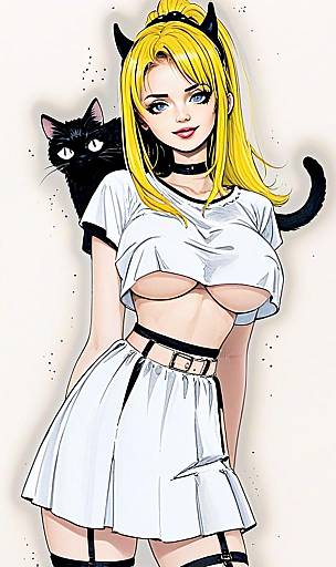 Blonde Woman with Black Cat Anime Style Illustration Wearing White Outfit