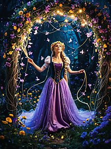 Woman in Medieval Dress in Enchanted Forest