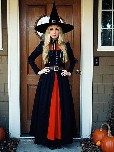 Blonde Woman in Classic Witch Costume with Black Hat and Red Dress