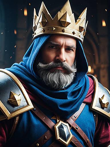Man in Clash Royale King Costume with Cinematic Realism and Heroic Fantasy Elements