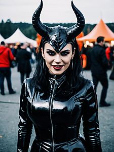 Woman in Glossy Black Latex Devil Costume at Halloween Festival