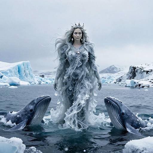 Fantasy Ice Queen with Whales in Arctic Waters