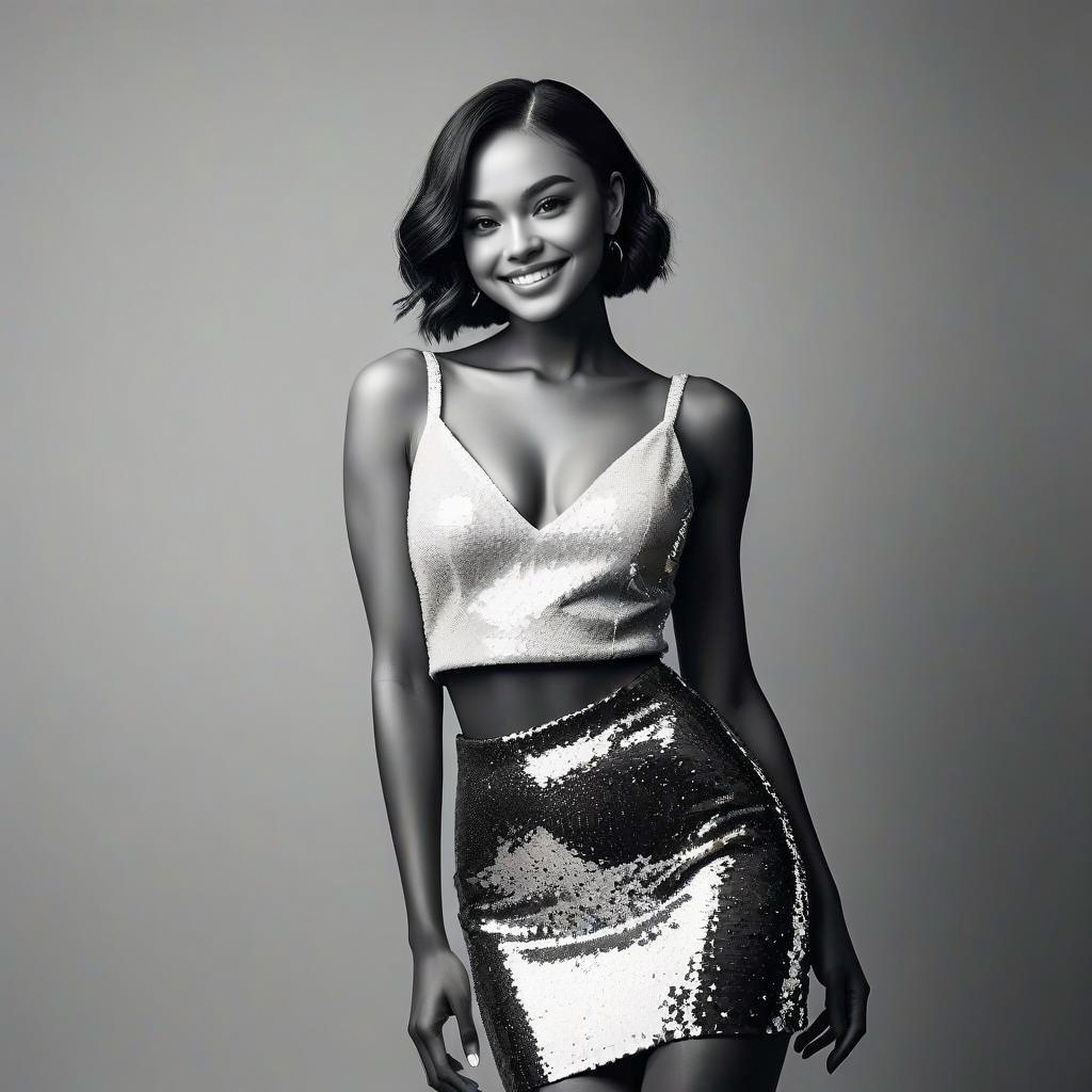 Confident Woman in Sequin Crop Top and Skirt