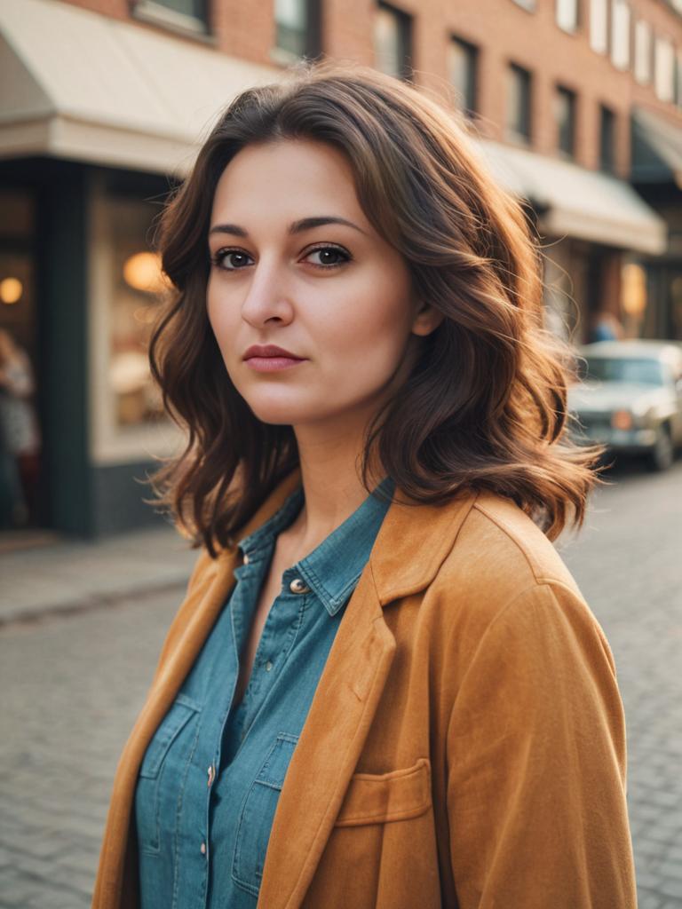 Woman with Retro 70s Hairstyle in Lifestyle Setting