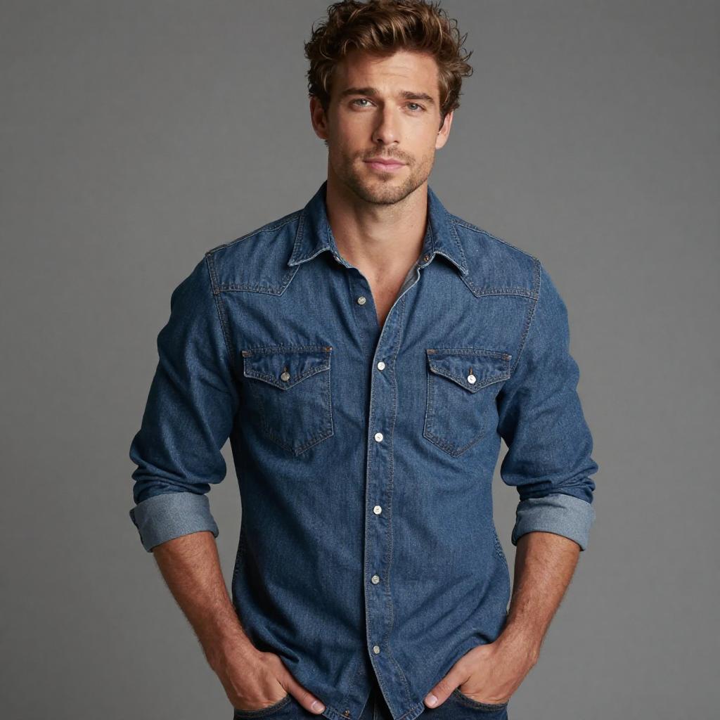 Confident Young Man in Classic Denim Shirt Casual Style