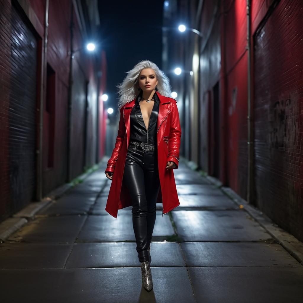 Confident Woman in Red Coat in Dim Alley