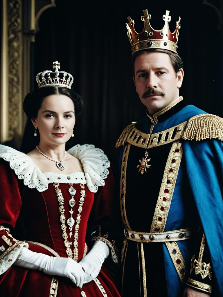 Regal Couple in King and Queen Costumes with Cinematic Realism