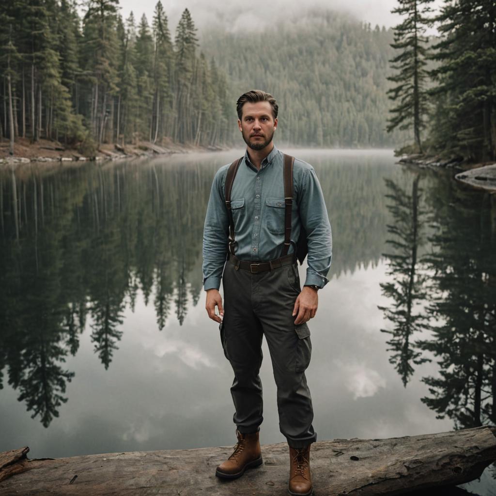 Man on Log by Serene Lake in Forest