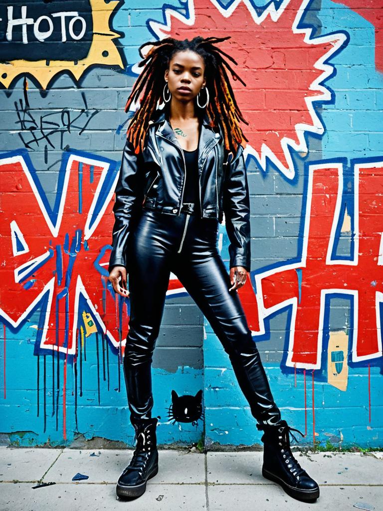 Confident Woman in Black Leather Outfit Posing Against Colorful Graffiti Wall
