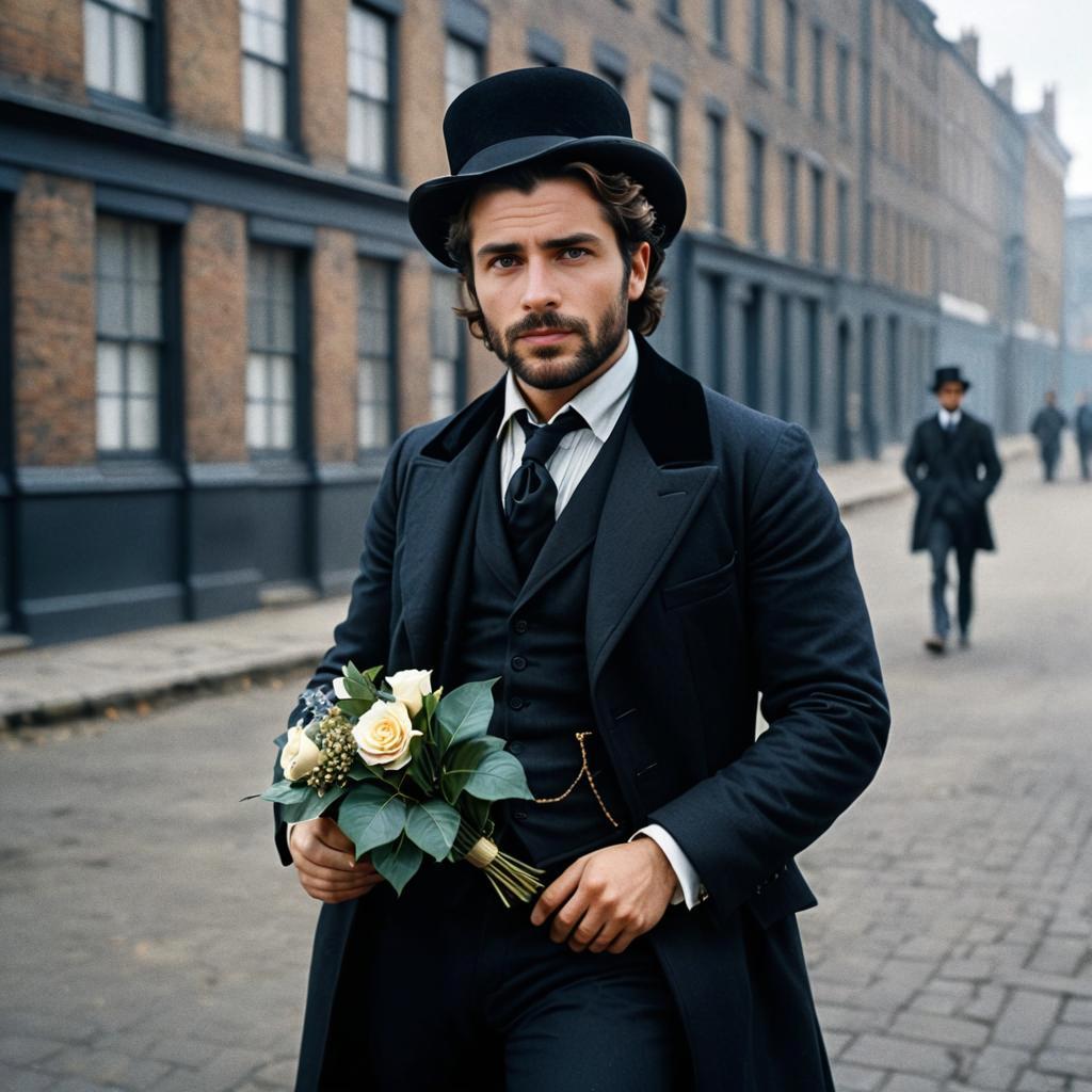 Dapper Man in Victorian Outfit with White Roses