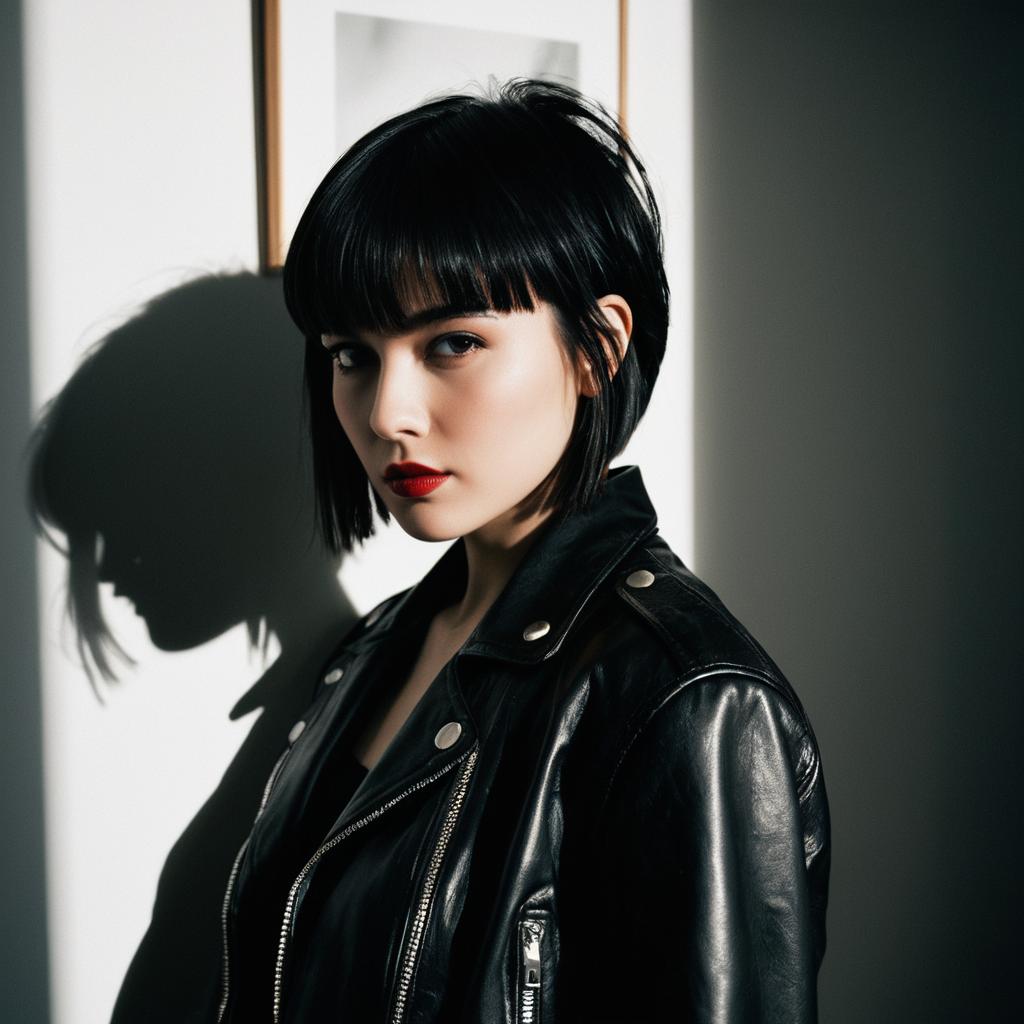 Edgy Woman in Black Leather Jacket with Bob Haircut and Red Lipstick