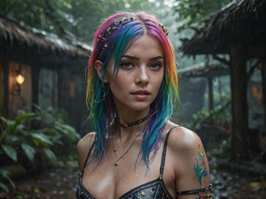 Vibrant Rainbow-Haired Woman with Skull in Dramatic Backdrop