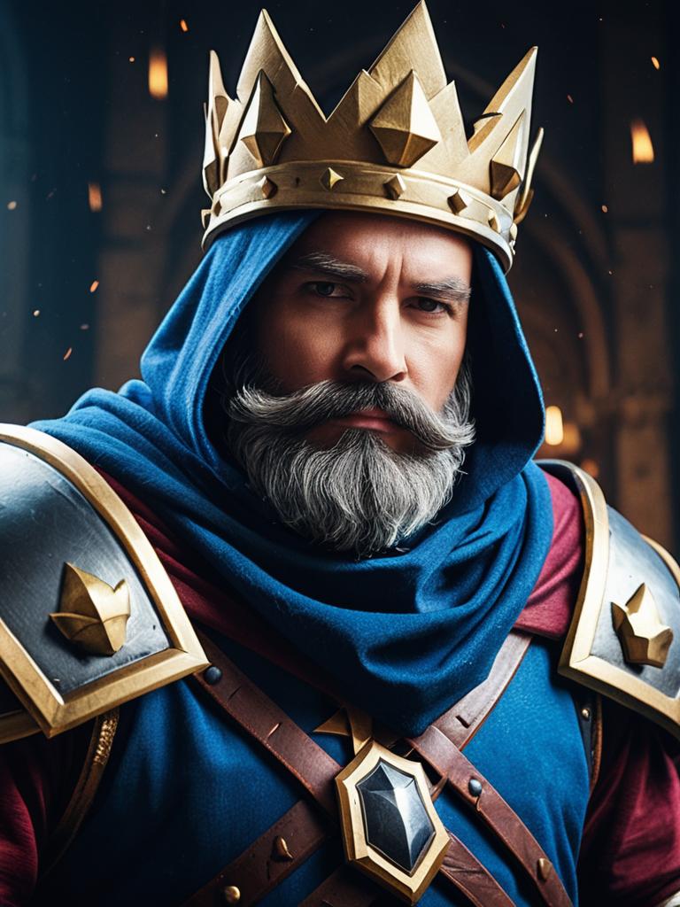 Man in Clash Royale King Costume with Cinematic Realism and Heroic Fantasy Elements