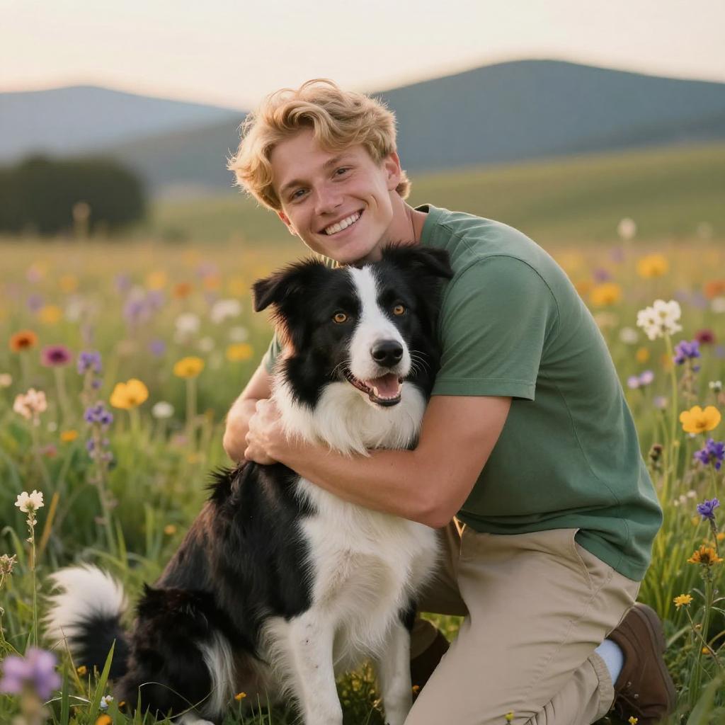 Young Man Hugging Happy Border Collie in Colorful Flower Field